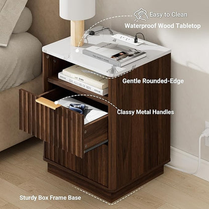 Fluted Night Stand with Charging Station, 18" Modern Nightstand with Faux Marble Top, 2 Drawers End Table with Storage, Bedside Table for Bedroom Living Room, Curved Profile Design(Walnut)