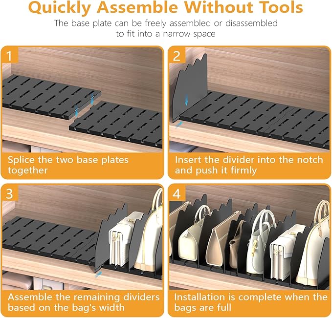 Ronlap Purse Storage Organizer for Closet, Black Closet Bag Storage Dividers Rack Shelf Purse Dividers for Closet Organization Handbag Separators Closet Purse Organizers and Storage, 4 Pack, Black