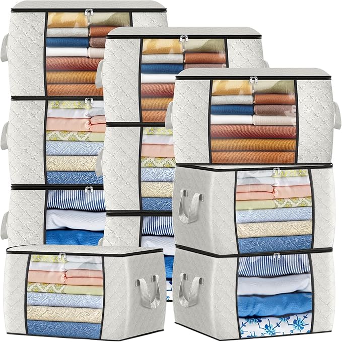 Fab totes 24 Gallons Clothes Storage, Foldable Thick Fabric Blanket Storage Bags, Containers for Organizing Bedroom, Closet, Clothing, Comforter, Organization with Handle (10 Pack,Ivory)