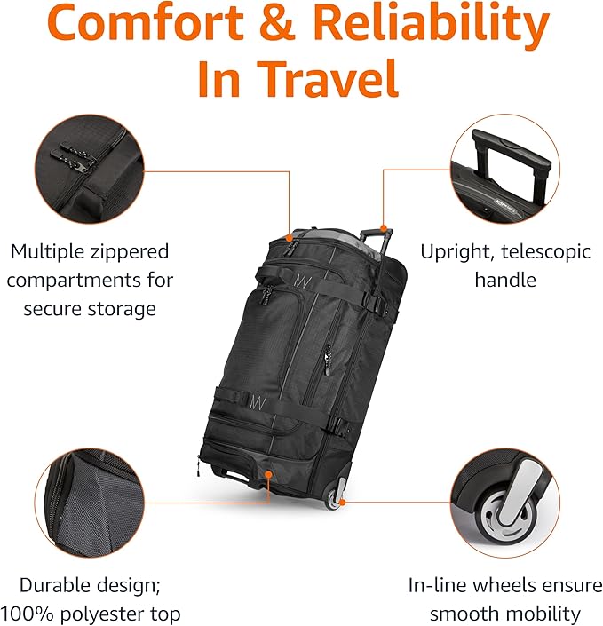 Amazon Basics 35-inch Large Rolling Duffle Bag with Wheels and Handle, Travel Duffle Bag with Durable Ripstop Polyester Material, 2 Layers of Space, Multiple Interior and Exterior Pockets, Black