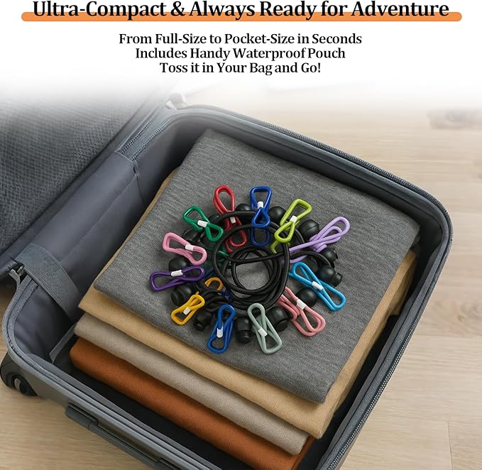 Travel Clothesline Retractable Portable Clothesline with 12 Clips Portable Elastic Camping Clothes Line with Anti-Slip Beads & Stainless Hooks for Hotel, RV, Boat, Outdoor Use (1 Pack)