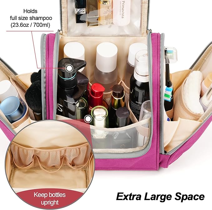 Hanging Travel Toiletry Bag for Women and Men, 6 Organizer Compartments, Extra Large Toiletries Bag, Bathroom Cosmetic Bag, Water-resistant Makeup Bag, Holds Full-Size Shampoo, Rose Red