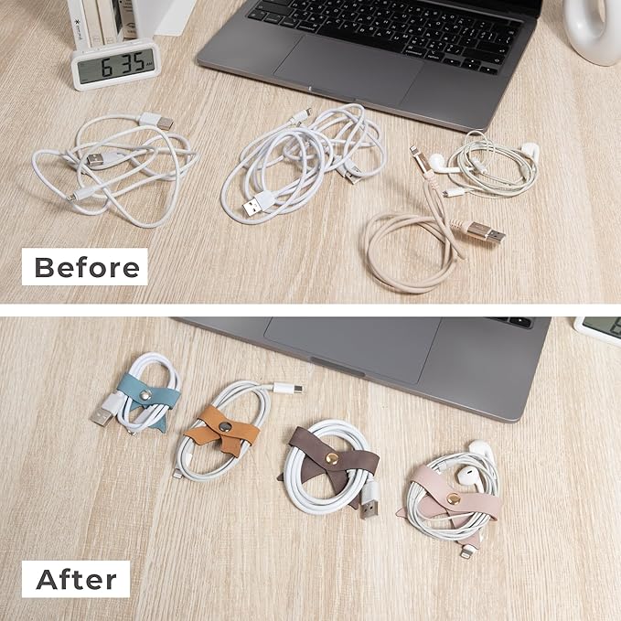 SenseAGE 5 Pack Cord Organizer, Bow Cord Keeper, Cable Organizer USB Holder, Leather Cable Management, Cable Straps, Earphone Winder, Storage Straps for Electronics, Earbuds (Dusty Rose, Small)