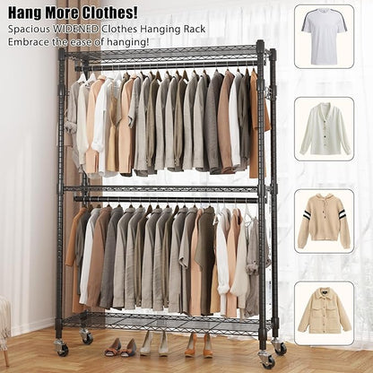BATHWA Heavy Duty Garment Rack on Wheels, Rolling Clothes Racks for Hanging Storage, Simple Sturdy Metal Wardrobe Closet with Double Rods, 8 Side Hangers, 3 Shelves, Black