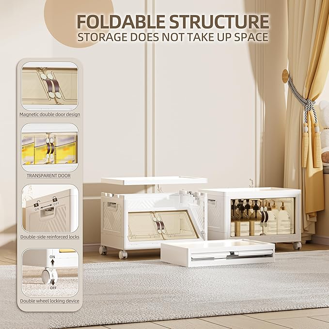 36 QT / 9 Gal Magnetic Double Door Cabinet with Wheels - Foldable Stackable Design, Leather Handles, Water Resistant Organizer for Bathroom, Kitchen