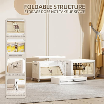 36 QT / 9 Gal Magnetic Double Door Cabinet with Wheels - Foldable Stackable Design, Leather Handles, Water Resistant Organizer for Bathroom, Kitchen