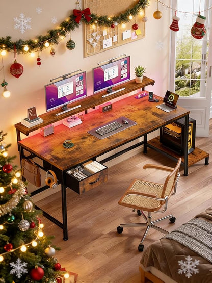 39.3Inch Office Desk with Power Outlet & Drawer, Gaming Desk with CPU Stand& LED Lights,Computer Desk with Ergonomic Monitor Stand for Small Space,Rustic Brown
