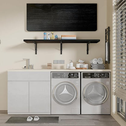 IAE Floating Wall Mounted Folding Table Desk with Pine Wood,55" x 22" Foldable Workbench,Fold Down Wall Mounted Foldable Desk with Shelf Brackets,Laundry Folding Table for Home,Dining,Kitchen,Black