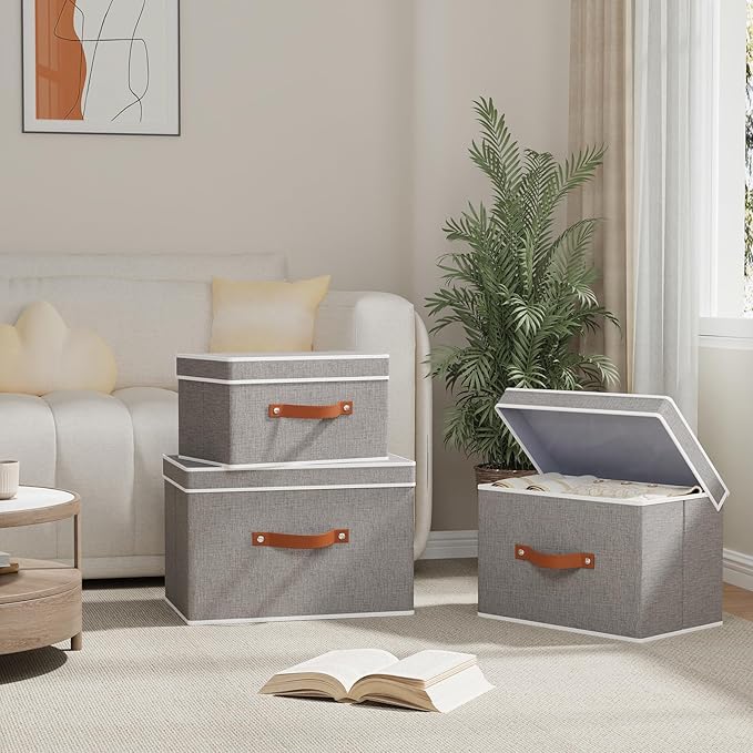 Collapsible Storage Bins with Lids, Linen Foldable Cloth Baskets, 17.7 x 11.8 x 11.8 Inch Closet Organizer Containers with Double Handles, Sweater Boxes for Bedroom, Grey, 3 Pack