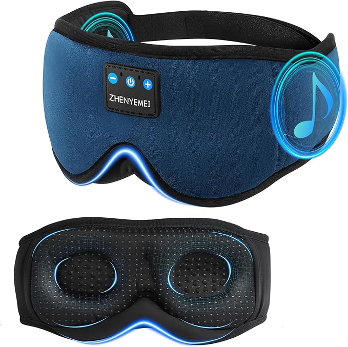 3D Sleep Mask with Bluetooth Headphones, Sleeping Headphones for Side Sleepers, Wireless Music Eye Mask with Ultra-Thin Stereo Speakers for Men, Women, Tech Gifts, Deep Blue