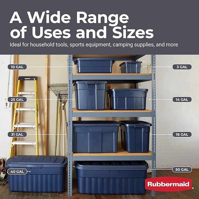 Rubbermaid Roughneck Tote 3 Gal, 6 Pack, Made in USA, Dark Indigo Metallic, Rugged Plastic Stackable Storage Bins with Lids and Handles