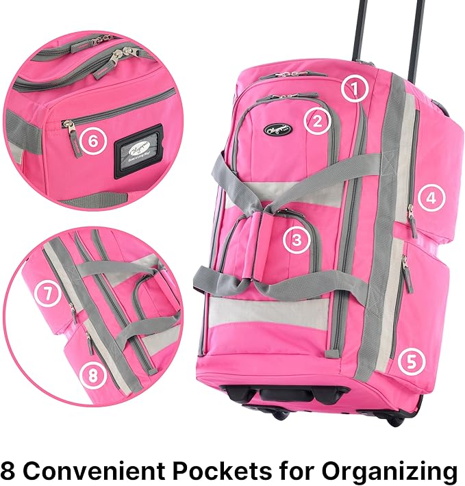 Olympia U.S.A. 22 inch Carry On 8 Pockets Wheeled Rolling Duffel Bag Water Resistant Luggage Lightweight Travel Suitcase with Retractable Handle