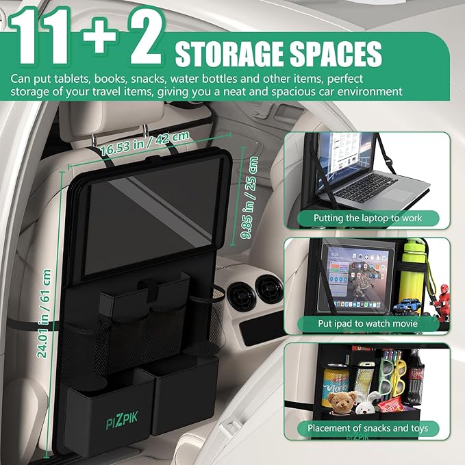 Car Backseat Organizer with Tablet Holder,11 Storage Pockets with Foldable Food Tray, Protector Kick Mats for Kids, Travel Accessories Organizer (Black, 2Pack)