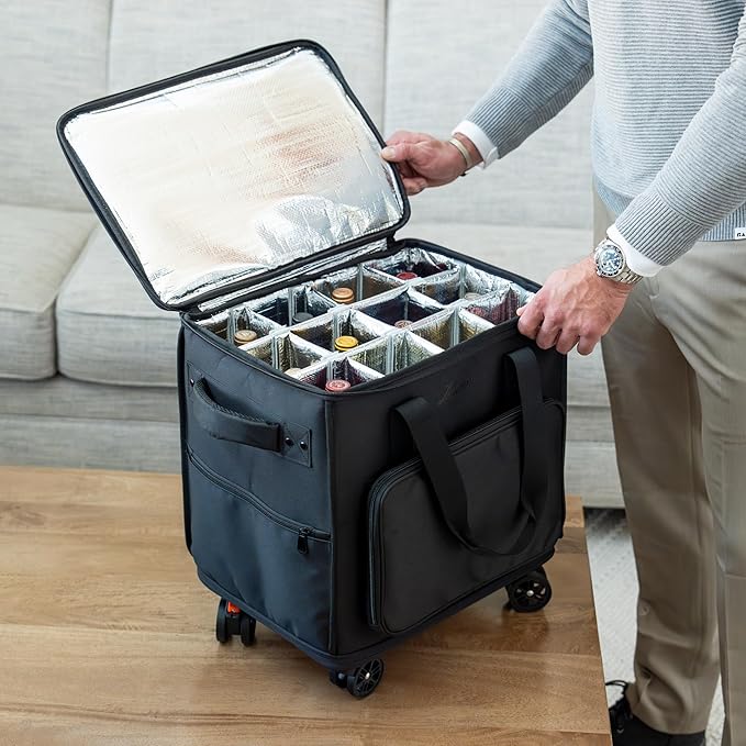 3-in-1 Wine Tote - Rolling Suitcase and Insulated Cooler Bag with Removable Dividers for 12 Bottles