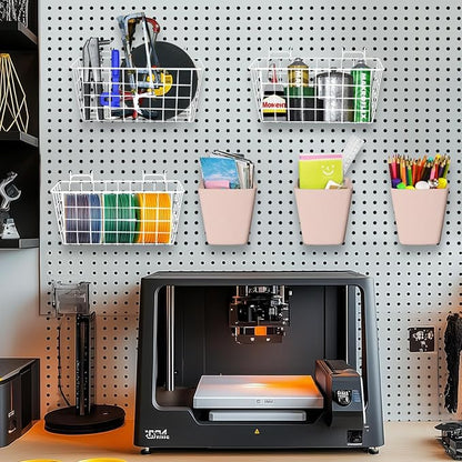 Pegboard Basket Organizers, Peg Board Large Baskets Hooks Bins Cups Tool Organizer 6 Pack Set, Wall Storage Display Hanging Accessories for Craft Office Stadio Shed Garage Organization (White & Pink)