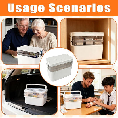 3-Tier Medicine Organizer with Detachable Pill Box, First Aid Kit with Handle, Portable Multipurpose Plastic Medical Box for Home, Travel, and Family Emergencies（White）