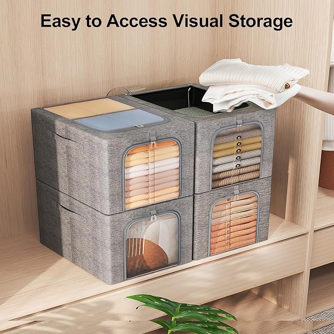 GoMaihe Clothes Storage Bins Metal Frame: 3-Pack Compact Stackable Closet Storage Bin with Lid & Clear Window, Space Saving Organizer for Sweaters Kids Clothes (Dorm/Closet 27L)