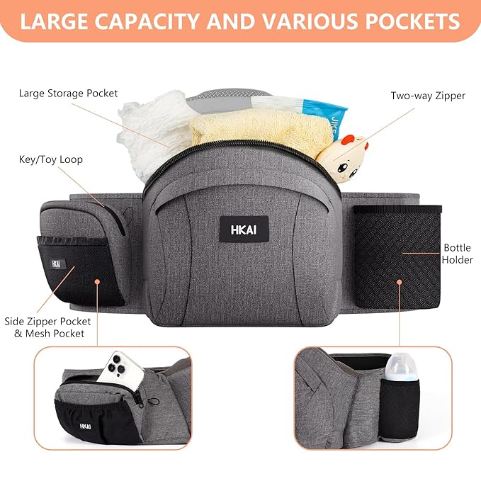 HKAI Baby Hip Carrier, Mom’s Choice Award Winner, Baby Carrier with Adjustable Waistband & Breathable Mesh, Ergonomic Carrier with Non-Slip Hip Seat Surface for Newborns & Toddlers, (Grey)