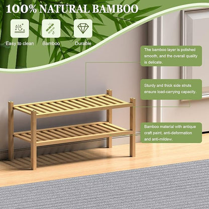 (Thick Bamboo Shoe Rack for Entryway, 2-Tier Free Standing Shoe Racks Stackable Shoe Rack Organizer for Hallway Closet Living Room 27 x12 x14 Inches