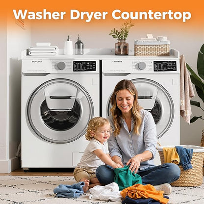 Washer Dryer Countertop, Wood Countertop with Edge Rails for Laundry Room Organization and Storage, Washer Dryer Topper for Laundry Room, 27.5" x 54" (White)