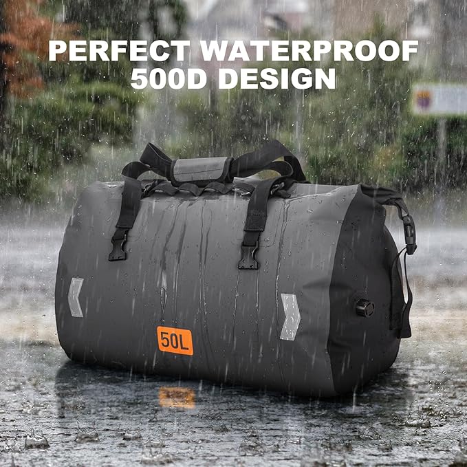 Waterproof Duffel Bag, 50L Roll-top Motorcycle Dry Bag with Air Valve & Quick-fixed Straps, Travel Duffle Bags for Kayaking Paddle Boarding Rafting Boating Camping Riding Fishing - Grey