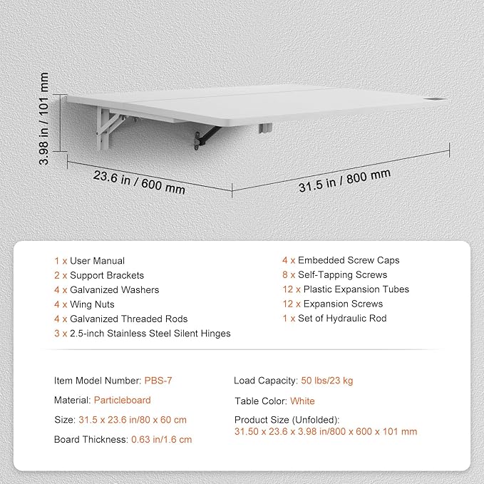 VEVOR Wall Mounted Folding Table, 31.5" x 23.6" Wall Mount Drop Leaf Table, Floating Desk with Iron Bracket for Small Spaces, Home Office Dining Laundry Room Kitchen Bar, White
