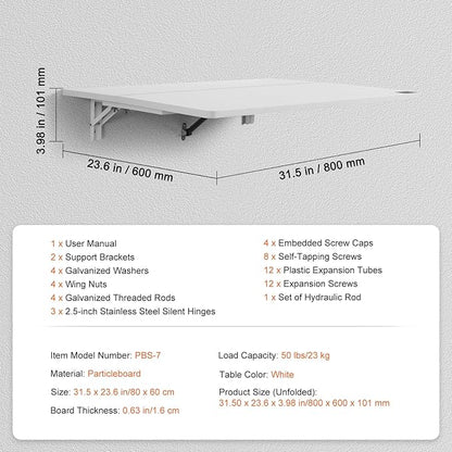 VEVOR Wall Mounted Folding Table, 31.5" x 23.6" Wall Mount Drop Leaf Table, Floating Desk with Iron Bracket for Small Spaces, Home Office Dining Laundry Room Kitchen Bar, White