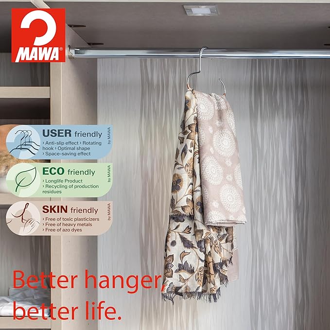 MAWA by Reston Lloyd Scarf, Shawl, Belt, and Accessory Organizer, Non-Toxic Metal Hanger with Grip Coating, Easy Access Open Hook, Model G-1, Space-Saving Design, Set of 5, Latte