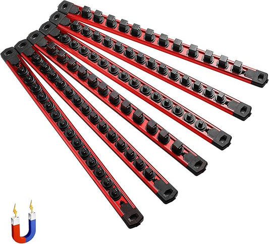 ALOANES 6-Piece Magnetic Socket Organizer, Heavy Duty Aluminum Socket Rails Organizer, 360° Swivel Clips Socket Holder Kit for Tool Box, 1/2, 3/8, 1/4-Inch Socket Holder x 80 Clips (Red)