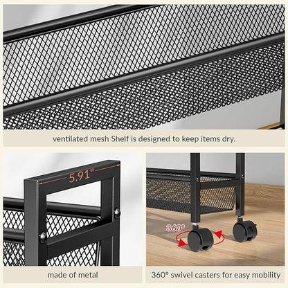 6 Tier Slim Storage Cart, Narrow Cart with Wheels, Metal Mobile Shelving Unit Organizer for Kitchen, Bathroom, Laundry Room, Living Room & Narrow Spaces, Black, 6in(W)