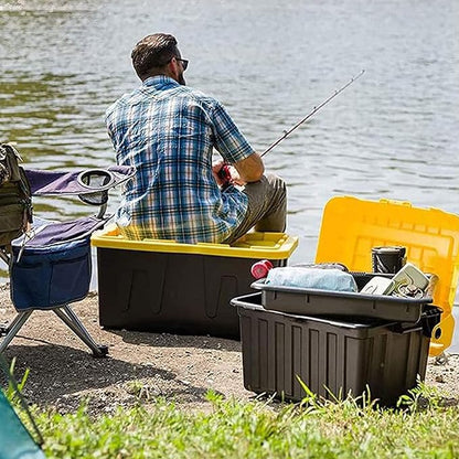 HOMZ 4-Pack Durabilt Tote, Heavy Duty Plastic Storage Bins with Lids, 15 Gallon, Black/Yellow - Stackable Organizing Containers for Home, Garage, and Office