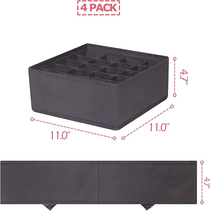DIOMMELL 4 Pack Foldable Cloth Storage Box Closet Dresser Drawer Organizer Fabric Baskets Bins Containers Divider for Clothes Underwear Socks Lingerie Clothing, Dark Grey 40-0000
