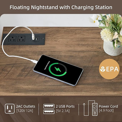 Modern Rustic Brown Fluted Floating Nightstand with Charging Station, NightStand with Drawers, Bedside with USB Ports and Outlets, Bedroom Furniture (Left)