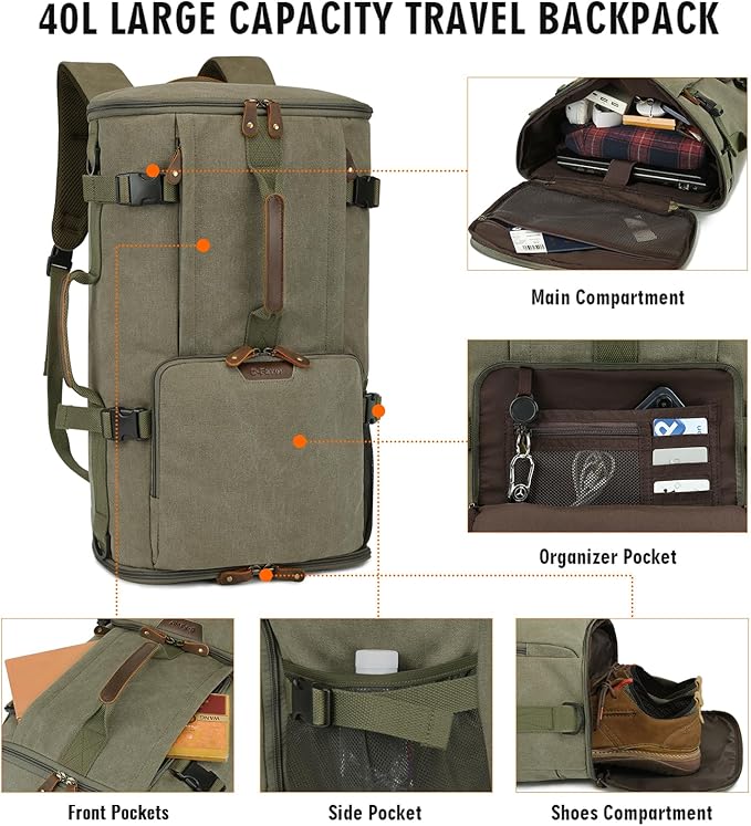 G-FAVOR Travel Backpack for Men, 40L Flight Approved Carry On Backpack, Water Resistant Canvas Rucksack with 17.3" Laptop Sleeve, Convertible Duffel Bag for Airplane, Business & Travel