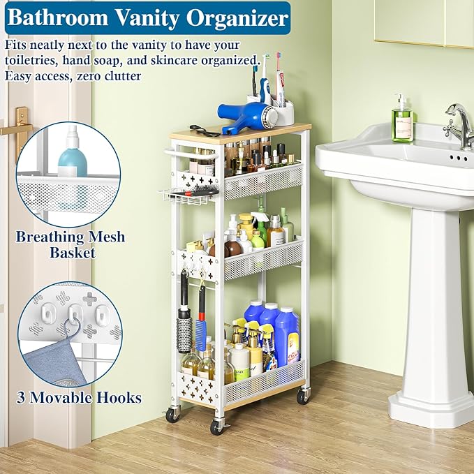 Rolling Slim Storage Cart, 4-Tier Narrow Bathroom Laundry Room Organization Cart, Metal Kitchen Storage Mobile Shelf Unit Organizer with Wood Top, Slim Utility Cart with Wheels for Small Space