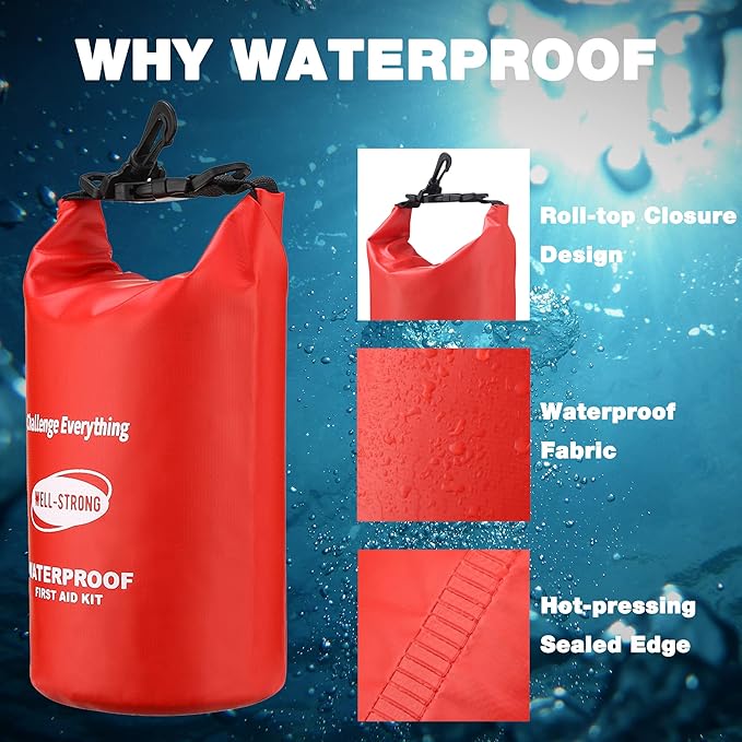 Emergency First Aid Kit for Boating & Marine Safety Waterproof Medical Supplies with Roll Top Design for Fishing, Kayaking Red