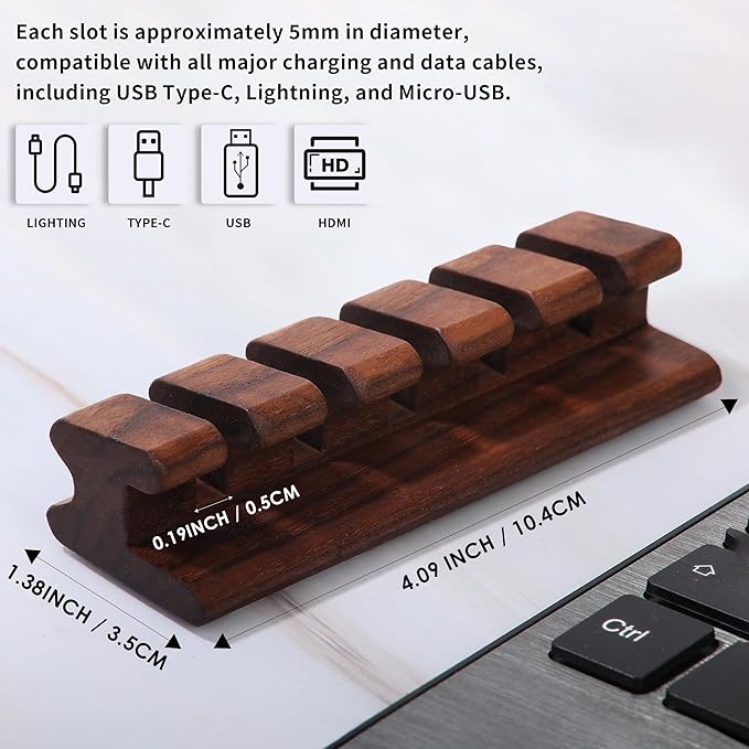 Walnut Wood Cord Holder – 5 Slots Cable Organizer with Adhesive Tape, Desk Wire Management for USB, Charging, HDMI, and Type-C Cables (5 Slot)