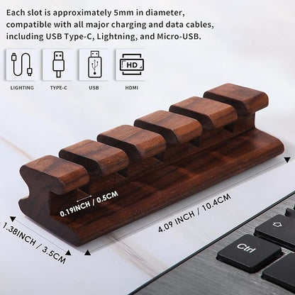 Walnut Wood Cord Holder – 5 Slots Cable Organizer with Adhesive Tape, Desk Wire Management for USB, Charging, HDMI, and Type-C Cables (5 Slot)