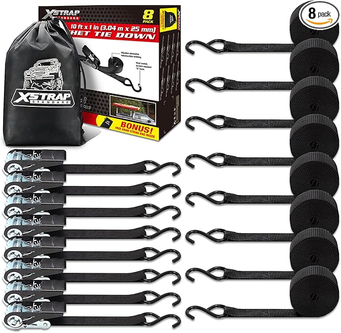 XSTRAP STANDARD Ratchet Tie Down Straps 8PK 1'' x 10 ft - 900 LB Break Strength Cargo Straps for Moving Appliances, Lawn Equipment, Motorcycle (Black)
