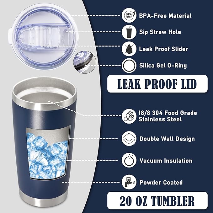 20 oz Tumbler Coffee Tavel Tumblers Bulk with Lid Stainless Steel Double Wall Vacuum Insulated Mug Powder Coated Cups fit Car Cupholder for Hot and Cold - Navy, 4Pack