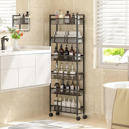 6 Tier Slim Storage Cart, Narrow Cart with Wheels, Metal Mobile Shelving Unit Organizer for Kitchen, Bathroom, Laundry Room, Living Room & Narrow Spaces, Black, 6in(W)