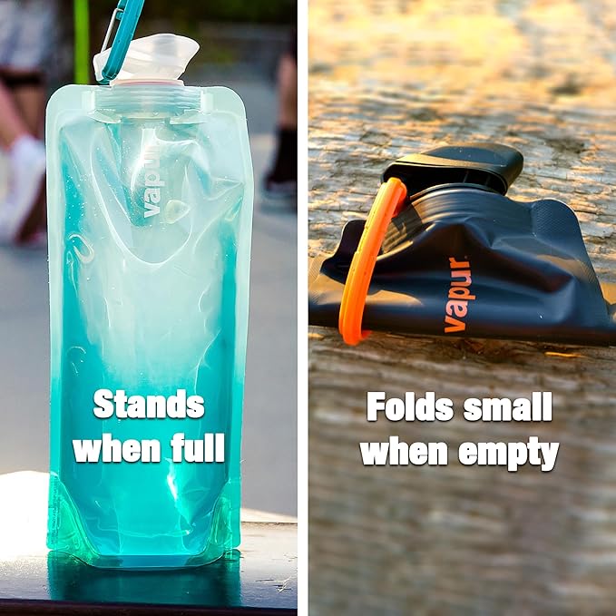 Vapur Collapsible Water Bottle With Carabiner, Compact Bottle Folds Flat For Hydration On The Go, Ideal for Traveling, Hiking or Camping, 23 Ounce, Malibu Teal, Pack of 1
