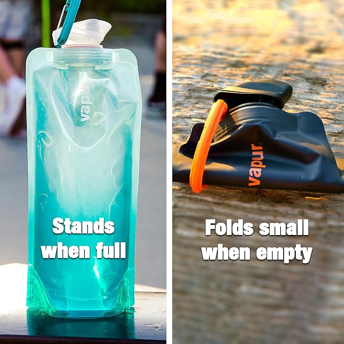 Vapur Collapsible Water Bottle With Carabiner, Compact Bottle Folds Flat For Hydration On The Go, Ideal for Traveling, Hiking or Camping, 23 Ounce, Sea Glass, Pack of 1