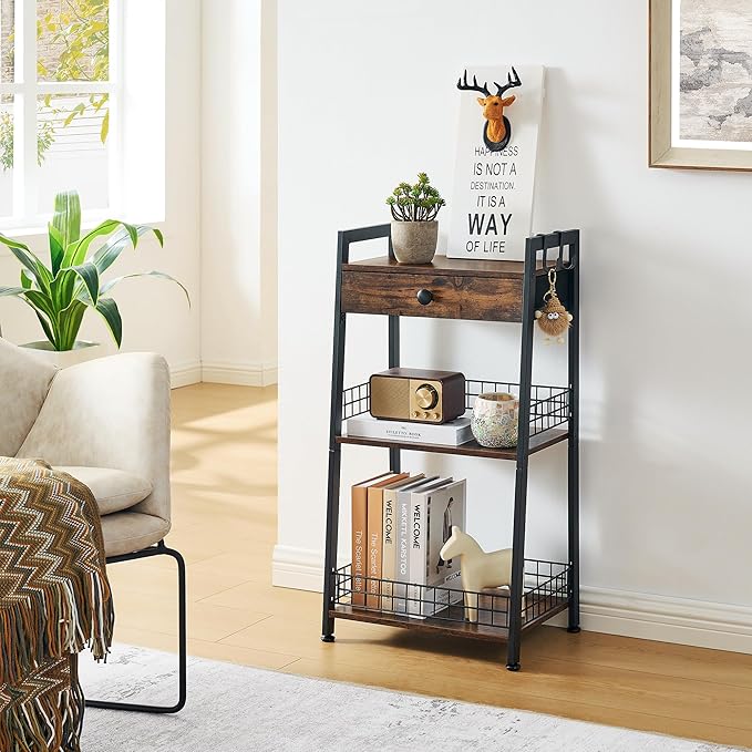 3-Tier Ladder Shelf with Drawer, Bathroom Stand Floor Storage Shelf, Freestanding Tower Shelf Ladder Table for Living Room, Bedroom -Rustic Brown