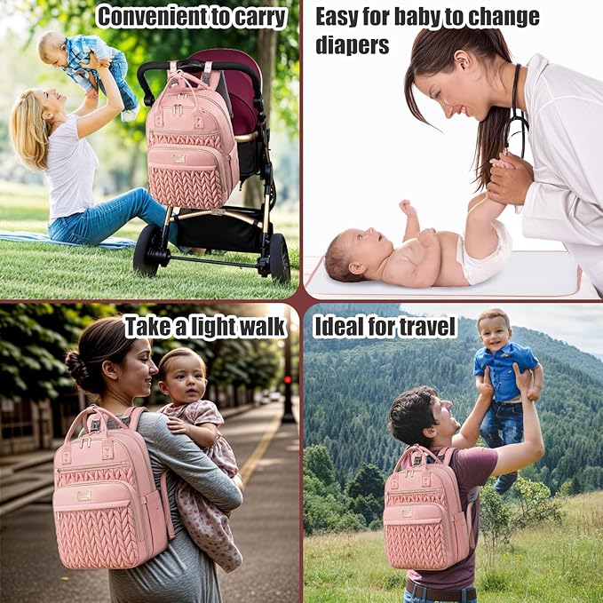 Diaper Bag Backpack,Stylish Baby Diaper Bag,Waterproof Travel Diaper Backpacks Baby Bags with Changing Pad,Stroller Straps,Insulated Pockets (Pink)