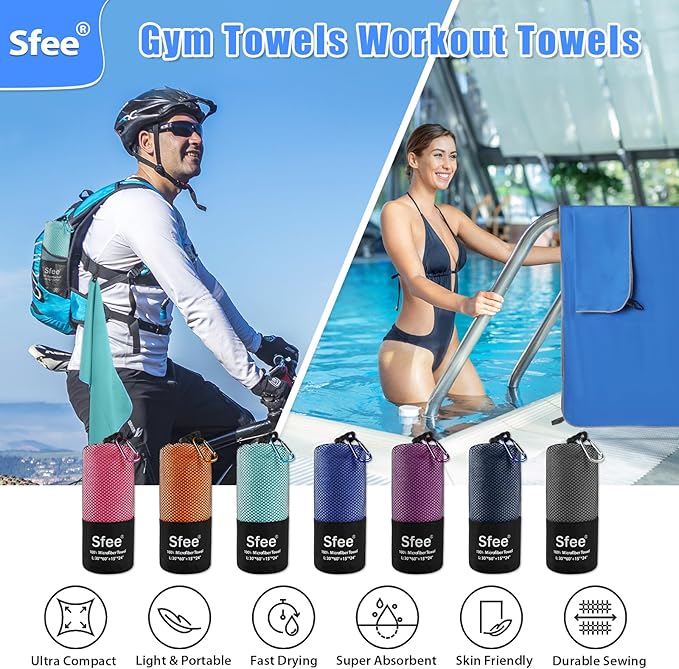 Sfee 2 Pack Microfiber Travel Towel, Quick Dry Towel Camping Towel Large Beach Towel Super Absorbent Compact Lightweight Sports Gym Towels Set for Beach, Gym, Hiking, Pool, Backpacking,Bath,Yoga