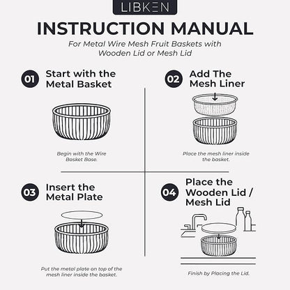 Metal Fruit Bowl with Mesh Lid and Basket - Fruit and Vegetable Holder For Kitchen Counter - Countertop Display Baskets Organizer - Bowl Storage for Veggie, Fruits, Snack, and Banana - Black