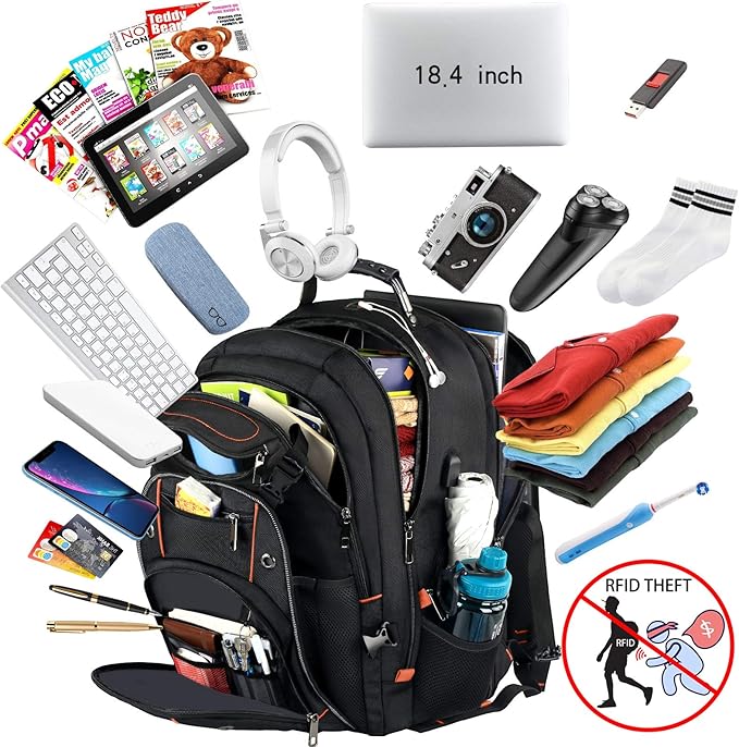 VECKUSON 18.4 Laptop Backpack for Men, 55L Extra Large Gaming Laptops Backpack with USB Charger Port,TSA Friendly Flight Approved and RFID Anti-Theft Pocket