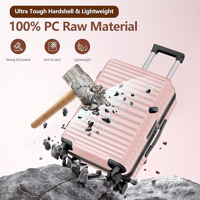 SHOWKOO Luggage Sets 3 Piece Hardside Expandable Suitcase with Double Spinner Wheels Tsa Lock Pink (20in/24in/28in)