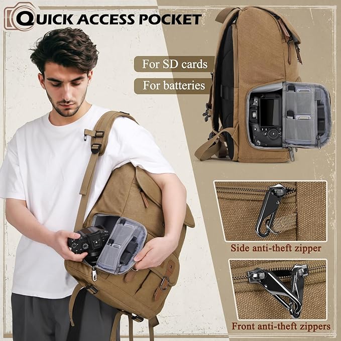 RAINSMORE Camera Bag Backpack for DSLR/SLR Mirrorless 15.6 Inch Laptop Camera Back Pack for Photographers Anti-Theft Photography Bags Case with Tripod Holder & Rain Cover, Khaki